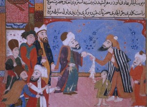 Rumi offering his belt to a beggar, late 16th century (vellum)
